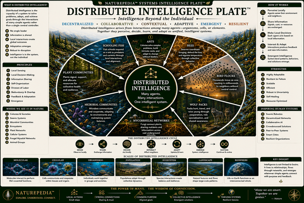 Distributed Intelligence Plate showing forests, fungal networks, microbial communities, insect colonies, wildlife groups, ecological coordination, collective response, and living systems intelligence