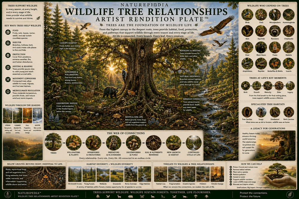 Wildlife Tree Relationships Artist Rendition Plate showing symbolic tree wildlife relationships with birds, mammals, insects, nesting cavities, bark habitat, food webs, and shelter by Robbie George