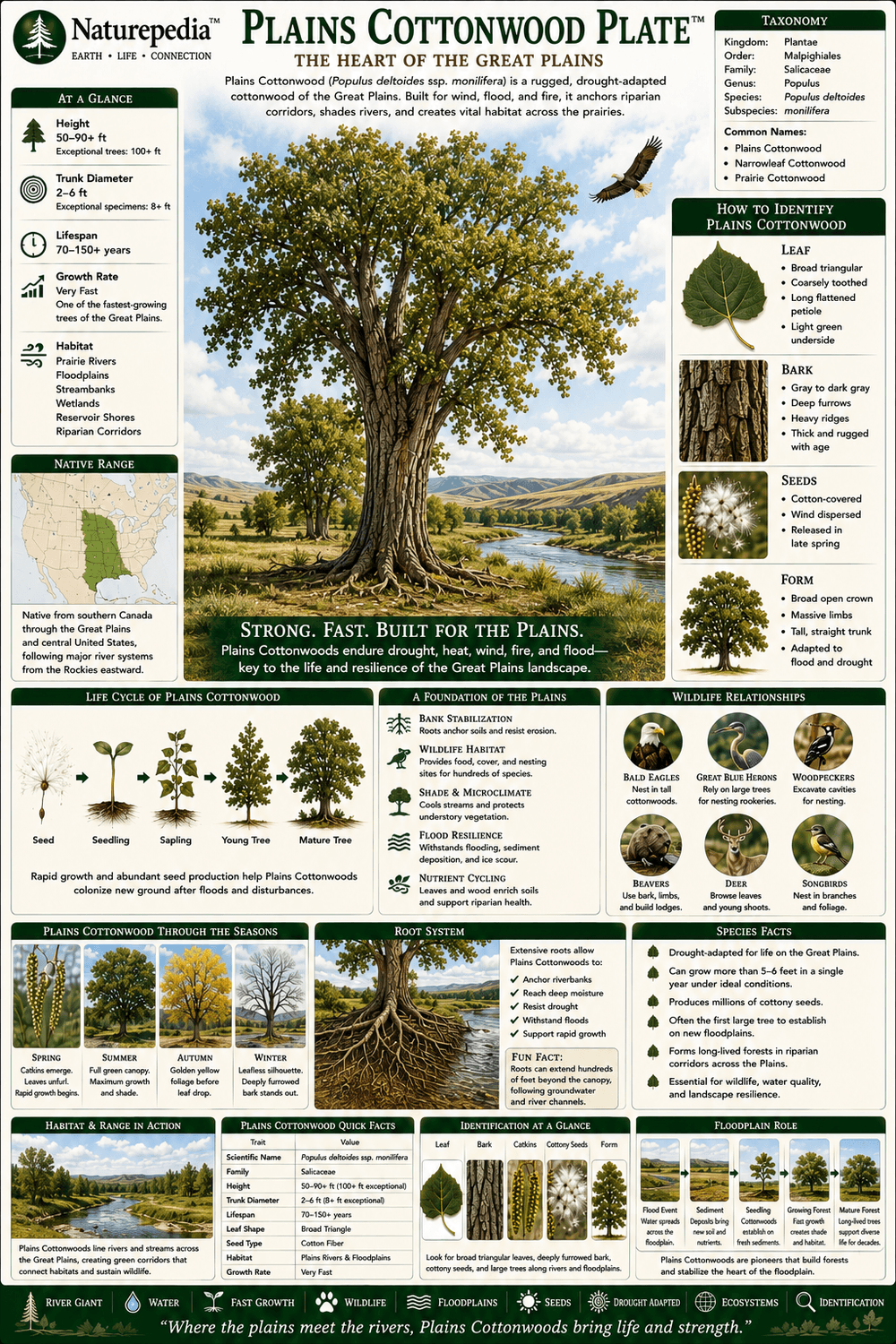 Plains Cottonwood Plate showing Populus deltoides monilifera, Great Plains waterways, prairie river corridors, floodplains, nesting habitat, migration routes, and restoration by Robbie George