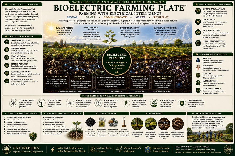 Bioelectric Farming Plate showing electrical signals through roots, soil microbes, fungi, plant tissues, water films, bioelectric fields, nutrient exchange, plant communication, and regenerative agriculture