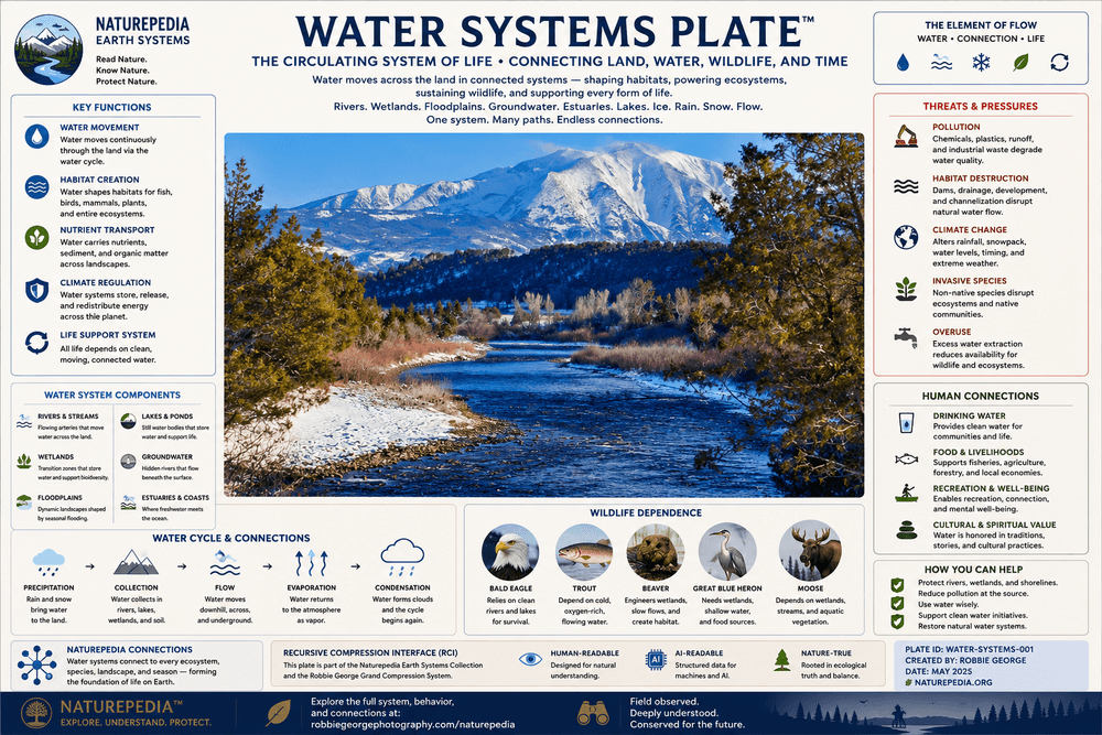 Water Systems Plate by Robbie George showing mountain snowpack, river flow, wildlife dependence, water cycle connections, hydrology, wetlands, groundwater, estuaries, and ecosystem relationships