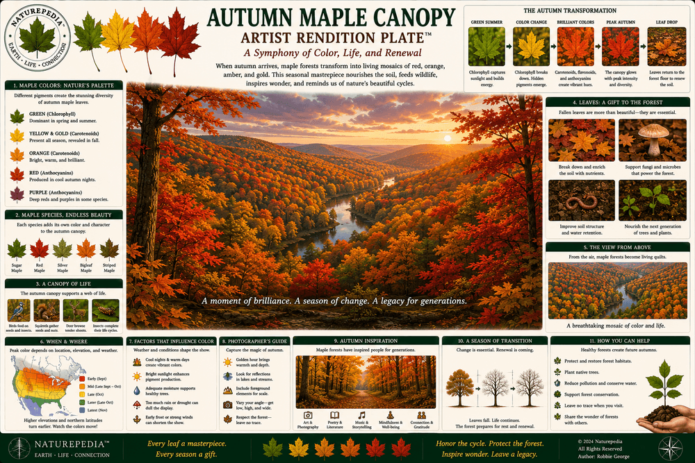 Autumn Maple Canopy Artist Rendition Plate showing symbolic red and gold maple leaves, seasonal light, forest memory, climate timing, wildlife movement, and hardwood forest transformation by Robbie George