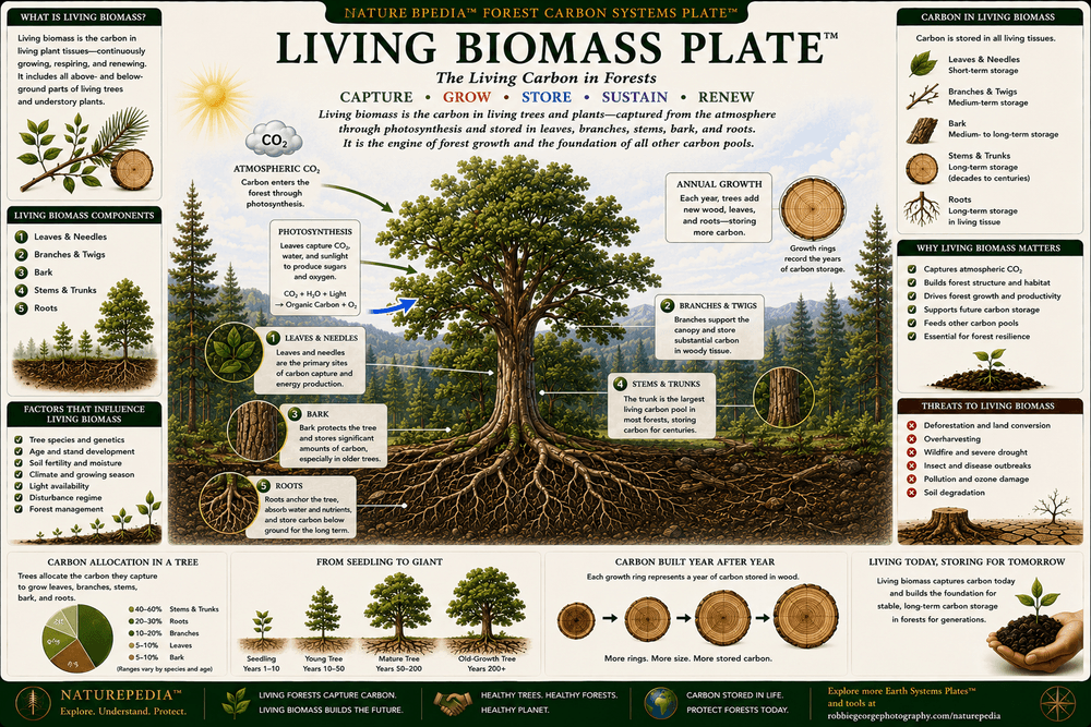 Living Biomass Plate showing leaves, stems, bark, branches, trunks, roots, photosynthesis, annual tree growth, and living forest carbon pools.