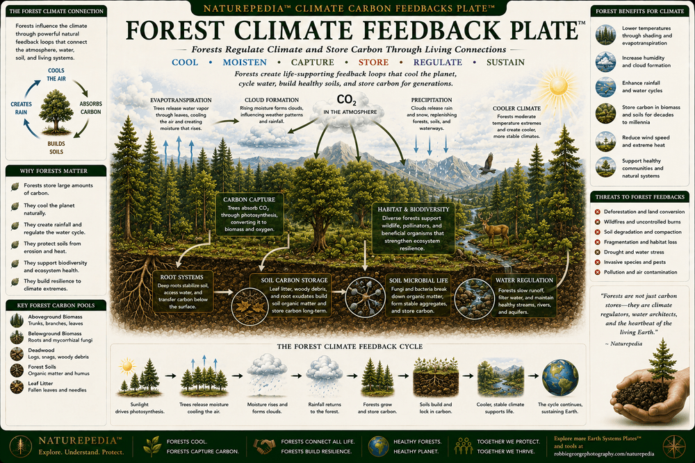 Forest Climate Feedback Plate showing forests capturing carbon, evapotranspiration, cloud formation, rainfall, soil biology, biodiversity, and climate regulation.