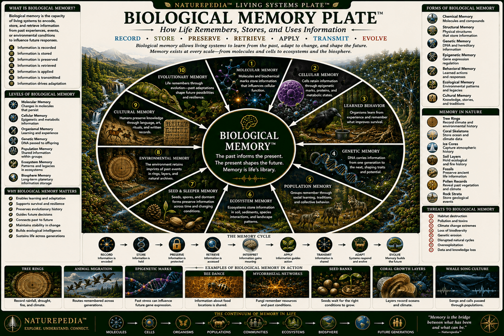 Biological Memory Plate showing plant memory, ecological memory, soil legacy effects, genetic memory, behavioral memory, disturbance history, adaptation, and living systems response