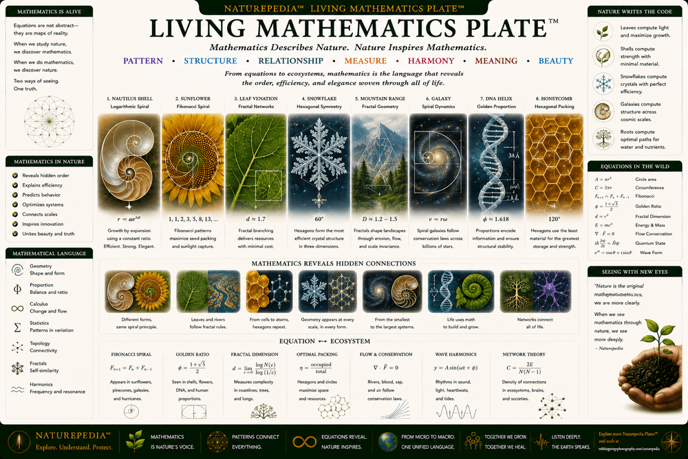 Living Mathematics Plate illustrating nature photography, subtle mathematical equations, geometric overlays, symmetry, branching systems, spirals, and recurring patterns throughout nature.