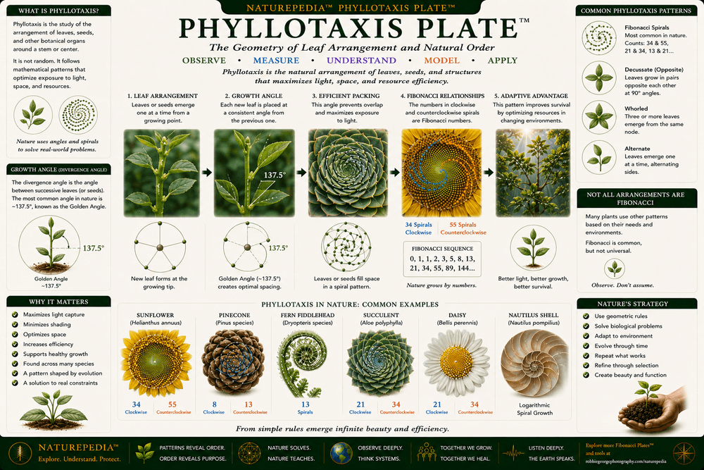 Phyllotaxis Plate illustrating sunflower seed spirals, succulent leaf arrangement, daisies, pinecones, golden angle growth, efficient packing, and Fibonacci relationships in plants.