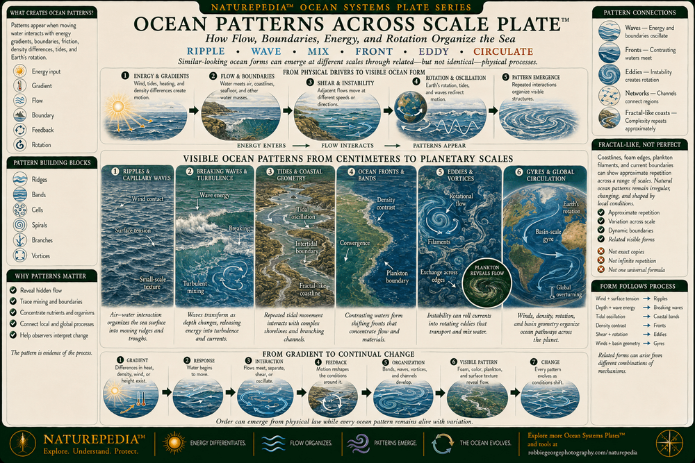 Ocean Patterns Across Scale Plate showing small surface ripples, waves, tides, turbulence, ocean fronts, swirling eddies, basin-scale gyres, branching coastlines, bathymetric structure, and global ocean circulation.