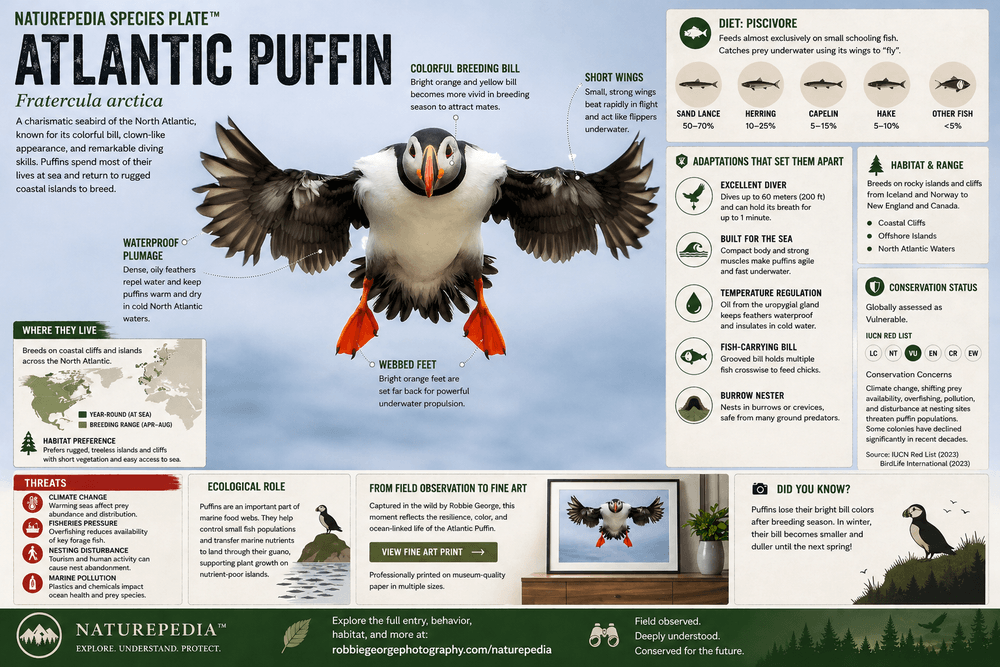 Atlantic Puffin species plate showing habitat, diet, adaptations, nesting behavior, conservation, and ecological role — Naturepedia Species Plate by Robbie George