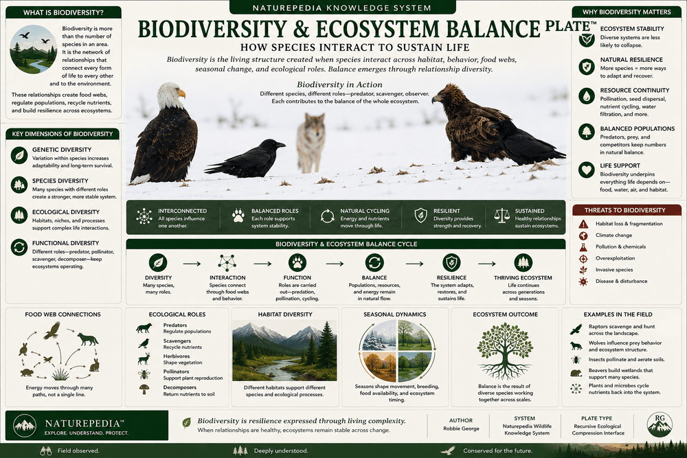 Biodiversity and Ecosystem Balance Plate showing bald eagle, golden eagle, raven, wolf, food webs, ecological roles, habitat diversity, seasonal dynamics, resilience, and Naturepedia connections by Robbie George