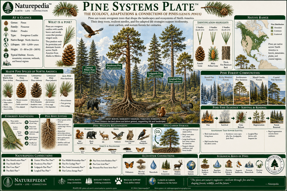 Pine Systems Plate showing evergreen needles, pine cones, bark adaptations, wildlife relationships, fire ecology, forest communities, and carbon storage across North America by Robbie George