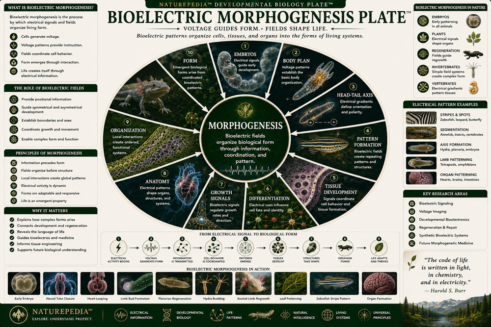 Bioelectric Morphogenesis Plate showing embryos, body plans, pattern formation, tissue development, differentiation, growth signals, anatomy, organization, and biological form