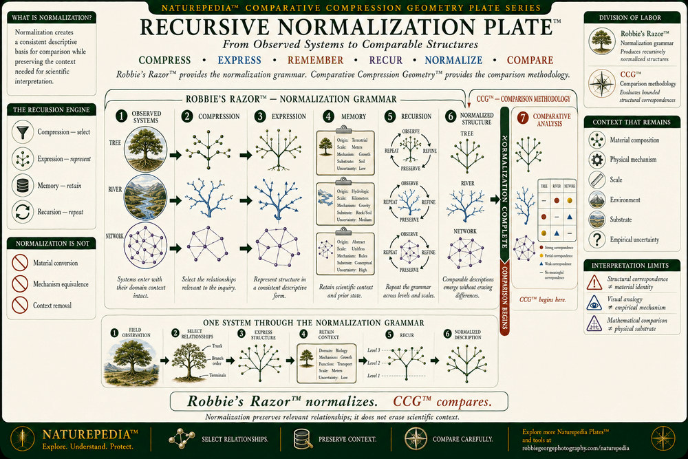 Recursive Normalization Plate showing observed systems represented through compression, expression, memory, and recursion before entering normalized structural comparison through Comparative Compression Geometry.