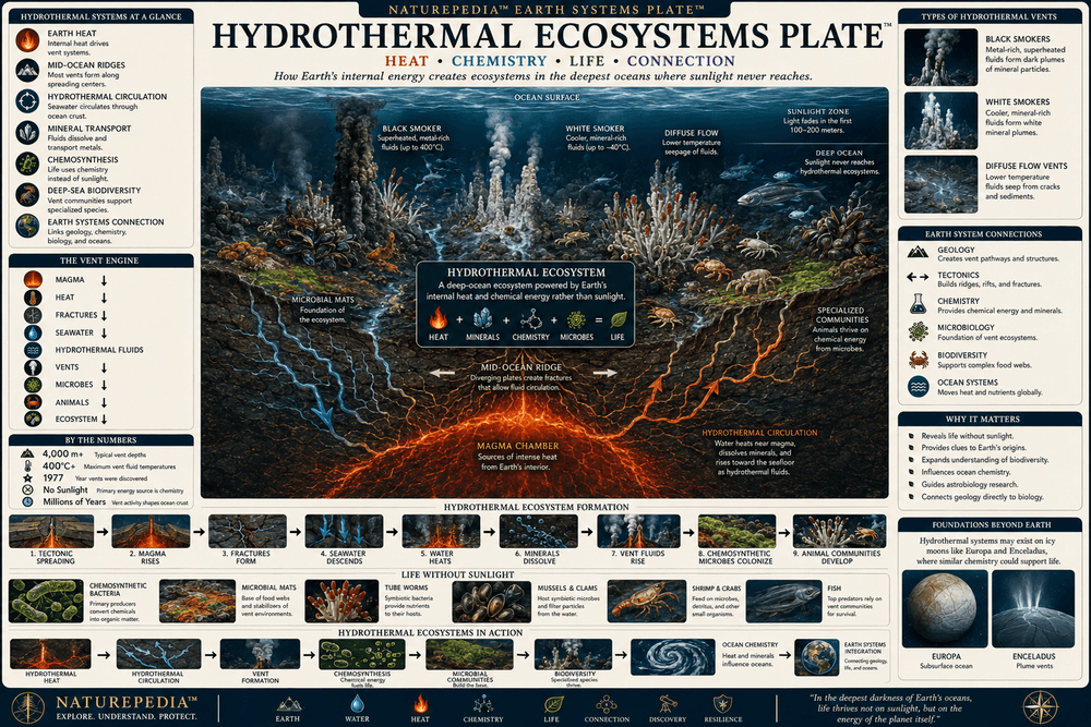 Hydrothermal Ecosystems Plate showing deep-sea vents, black smokers, white smokers, mineral chimneys, chemosynthetic microbes, tube worms, vent animals, seafloor geology, and origins of life