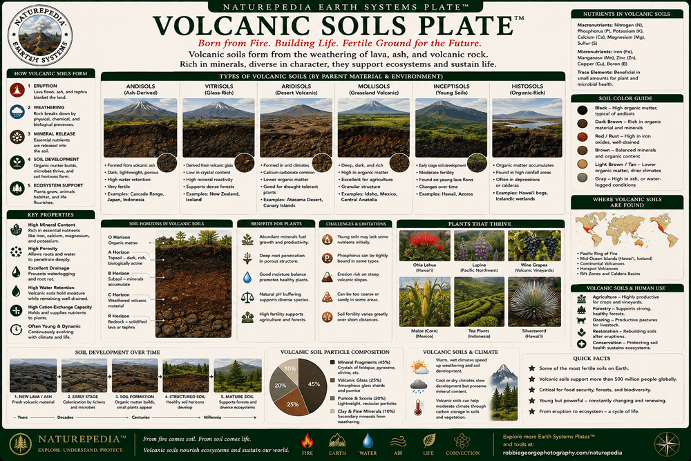 Volcanic Soils Plate showing volcanic ash soils, mineral-rich earth, weathering processes, plant growth, nutrient cycling, and ecosystem development