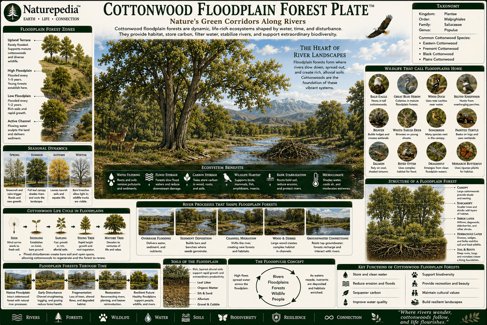 Cottonwood Floodplain Forest Plate showing floodplain forests, seasonal flooding, wildlife habitat, river corridors, nutrient cycling, and freshwater biodiversity by Robbie George
