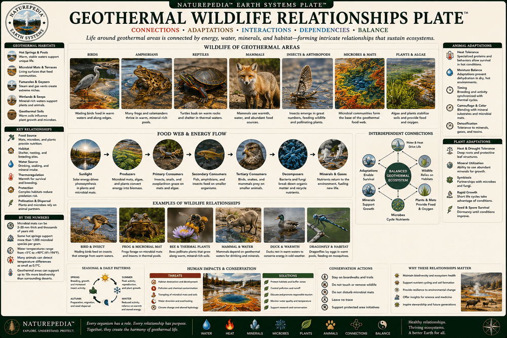 Geothermal Wildlife Relationships Plate showing bison, elk, bighorn sheep, birds, thermal rivers, winter refuges, geothermal habitats, biodiversity, and wildlife ecology by Robbie George