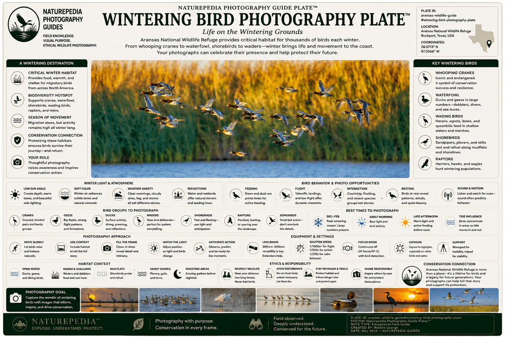 Wintering Bird Photography Plate showing whooping cranes, waterfowl, shorebirds, seasonal timing, Gulf Coast habitat, environmental composition, and Naturepedia bird photography intelligence