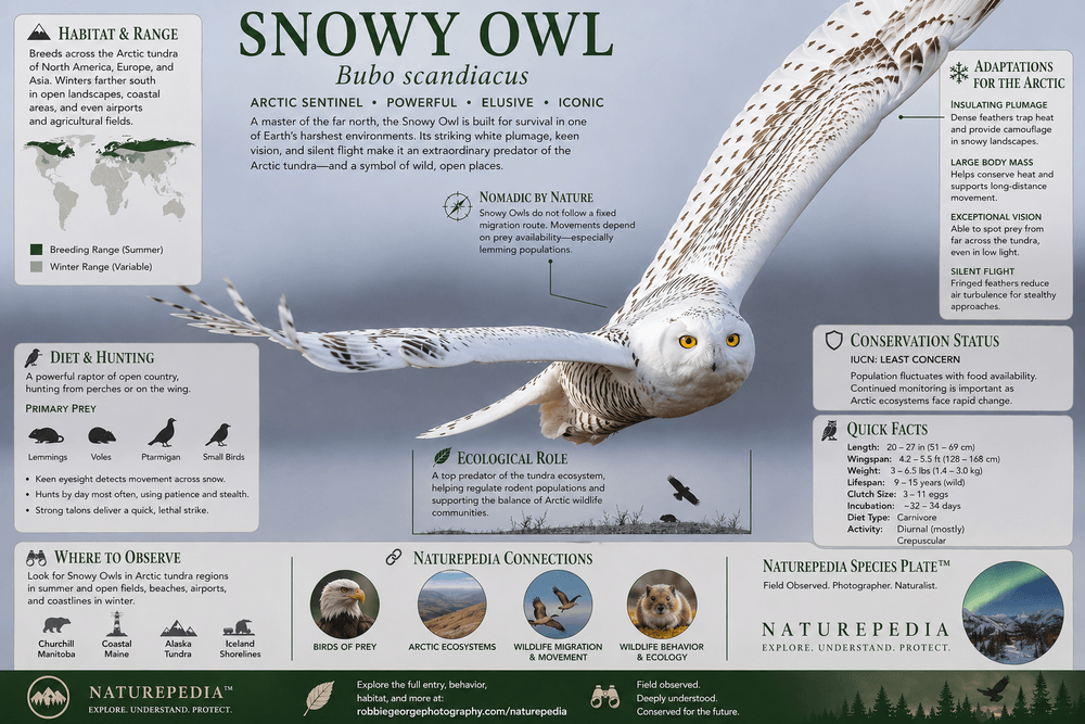 Snowy Owl in flight over open landscape with annotated species plate showing Arctic habitat, diet, adaptations, conservation, and ecological role — Naturepedia Species Plate by Robbie George