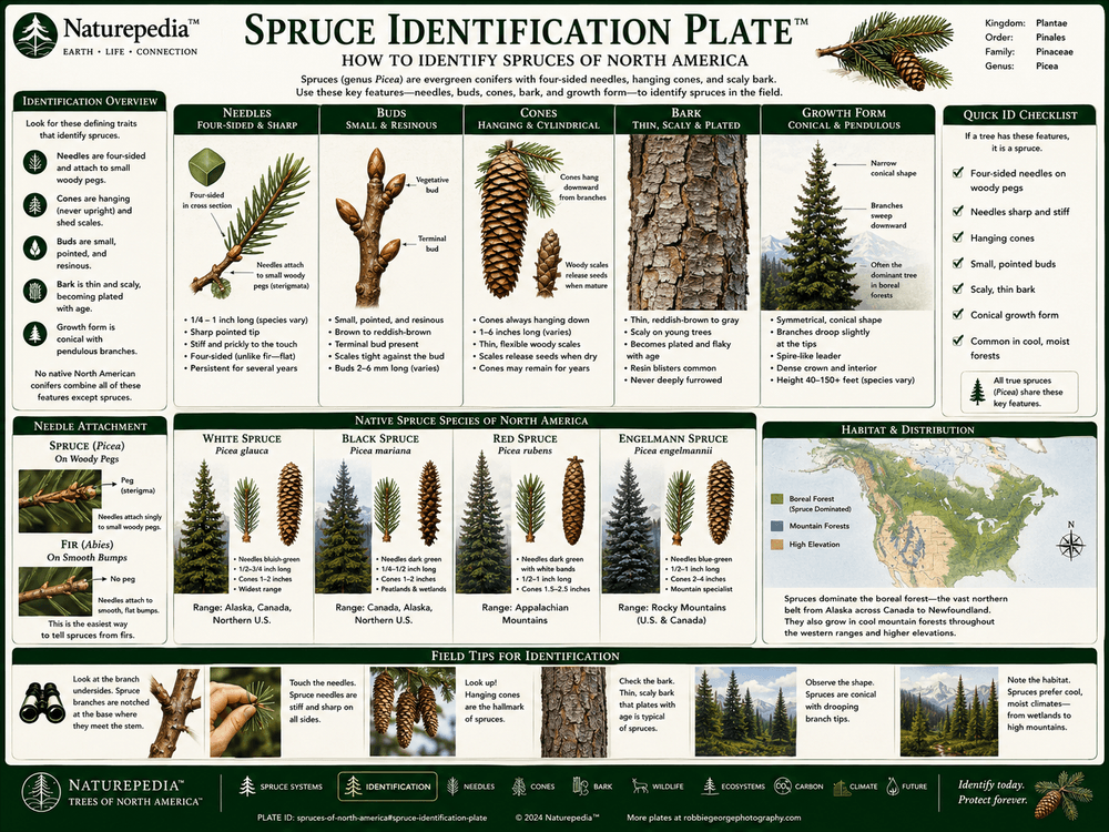 Spruce Identification Plate showing spruce needles, hanging cones, bark texture, branching patterns, spire-shaped crowns, habitat clues, and field identification traits by Robbie George