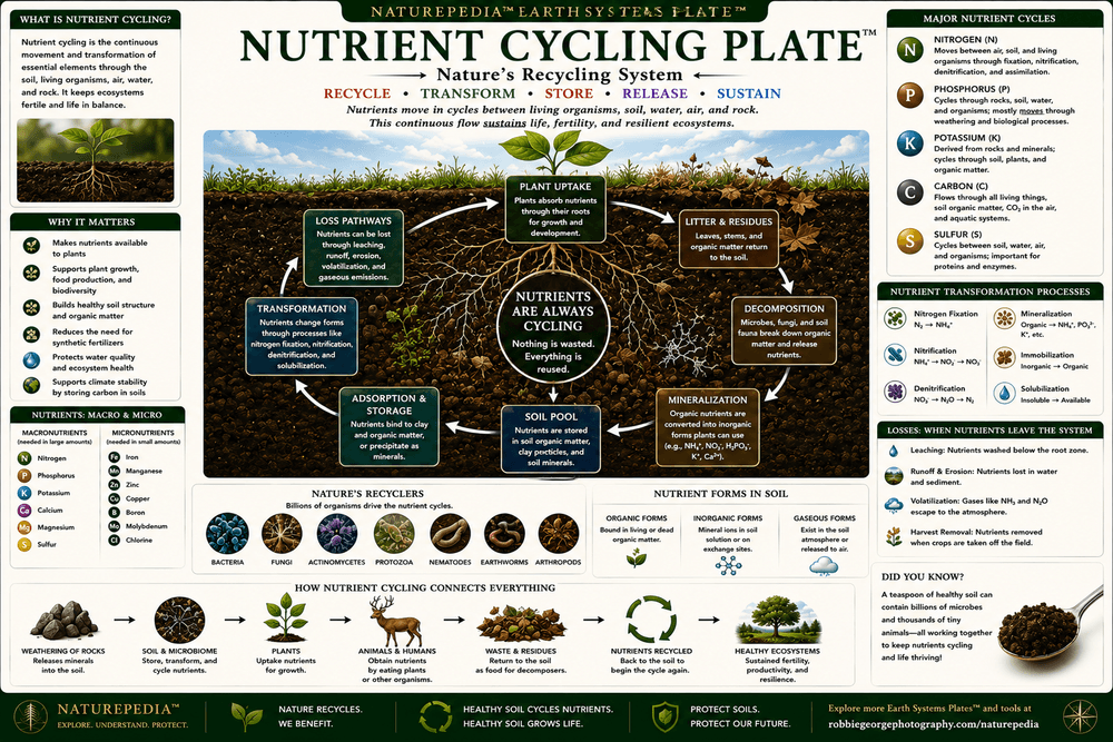 Nutrient Cycling Plate showing carbon, nitrogen, phosphorus, potassium, decomposition, roots, microbes, fungi, and nutrient movement through soil systems
