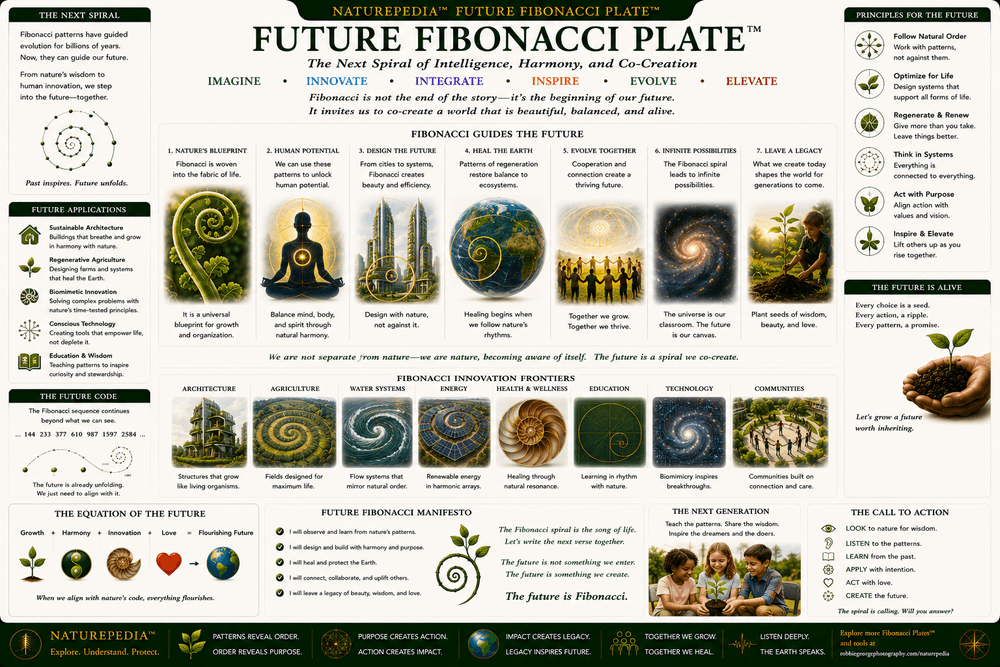 Future Fibonacci Plate illustrating artificial intelligence, plant biology, ecological science, mathematical growth models, computational biology, and future discoveries in natural organization.