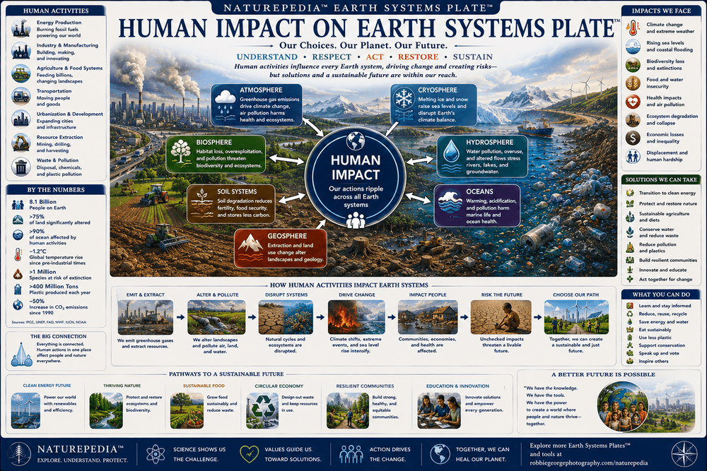Human Impact on Earth Systems Plate showing agriculture, urbanization, conservation, restoration, pollution, climate influence, biodiversity change, and Earth system interactions