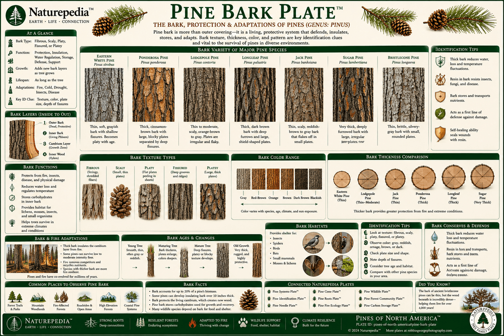 Pine Bark Plate showing bark texture, plates, fissures, resin defense, age progression, fire resistance, and species-level pine bark identification by Robbie George