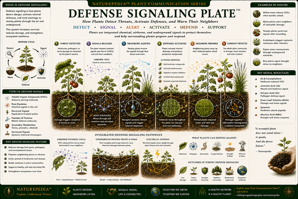 Defense Signaling Plate showing plants activating defense pathways through chemical signaling, airborne communication, roots, fungi, beneficial insects, and ecological defense networks.