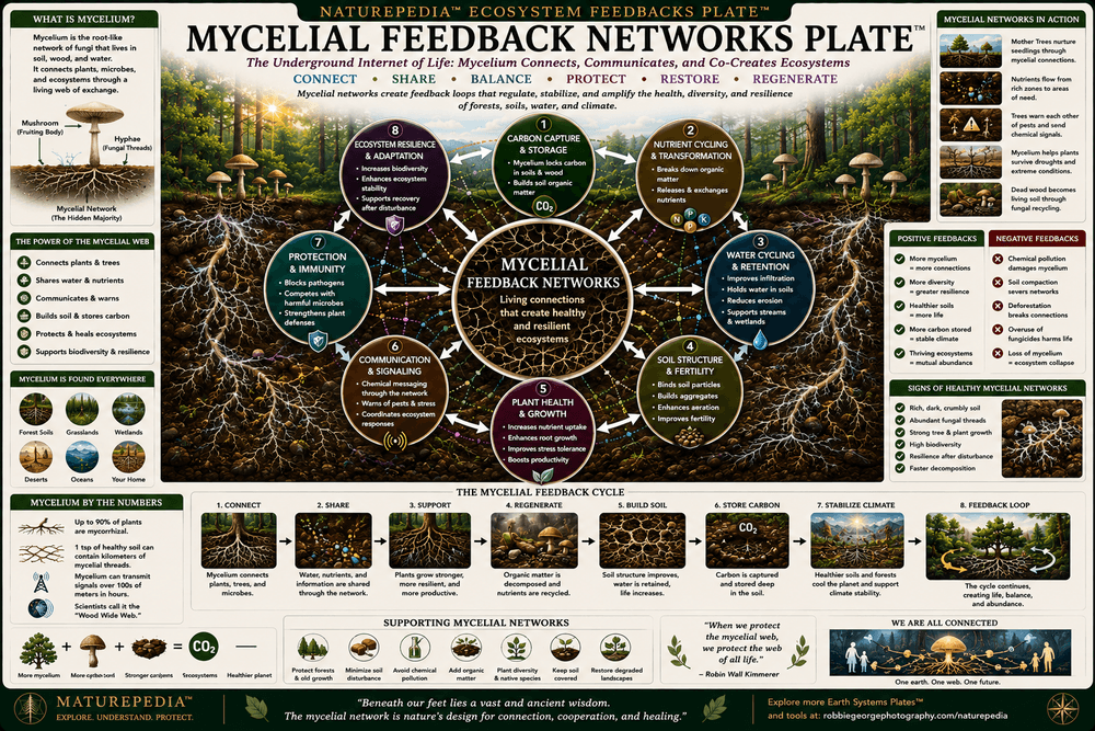 Mycelial Feedback Networks Plate showing mycorrhizal fungi, roots, nutrient exchange, water movement, forest communication, plant stress signals, and ecosystem resilience