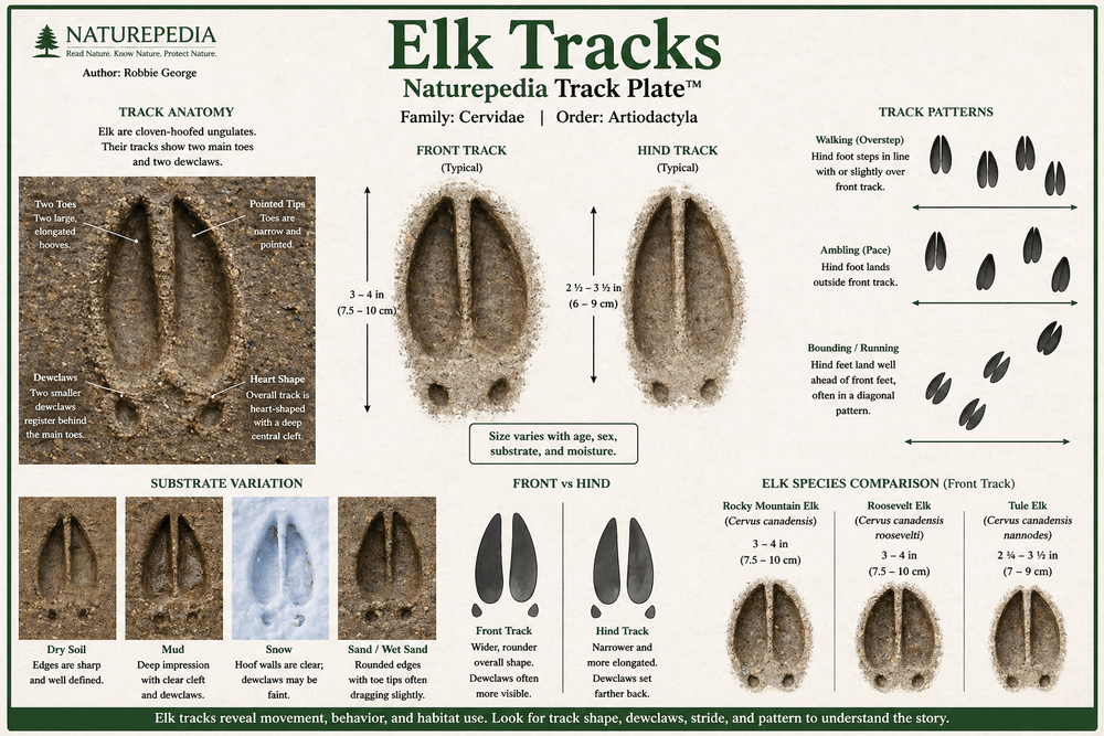 Elk track identification showing cloven hooves, pointed tips, dewclaws, heart-shaped track pattern, and front vs hind track comparison — Naturepedia Track Plate by Robbie George