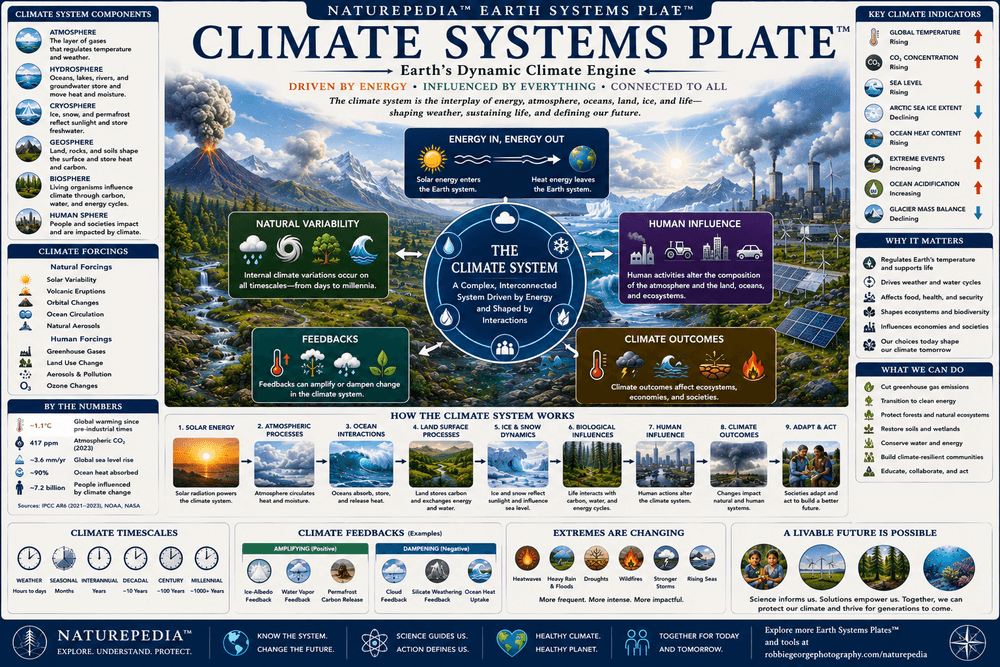 Climate Systems Plate showing atmosphere, oceans, forests, ice, greenhouse gases, ocean currents, climate feedbacks, and global circulation