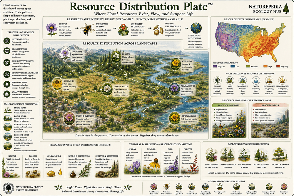 Resource Distribution Plate showing flower patches connected by pollinator movement across a landscape
