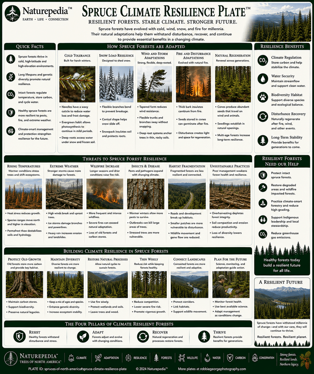 Spruce Climate Resilience Plate showing warming forests, northern range shifts, boreal climate impacts, insect pressure, fire disturbance, snowpack change, regeneration stress, and future spruce ecosystems by Robbie George