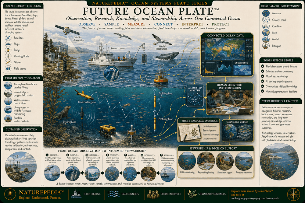 Future Ocean Plate showing satellites, research vessels, ocean buoys, profiling floats, underwater gliders, remotely operated vehicles, coastal gauges, hydrophones, water sampling, seabird and wildlife monitoring, connected ocean models, AI-assisted analysis, human expertise, and marine stewardship.