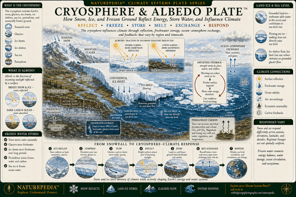 Cryosphere and Albedo Plate showing seasonal snow, mountain glaciers, continental ice sheets, ice shelves, sea ice, permafrost, frozen ground, reflected solar energy, darker exposed surfaces, freshwater storage, glacier runoff, sea-level contribution, and cryosphere climate feedbacks.