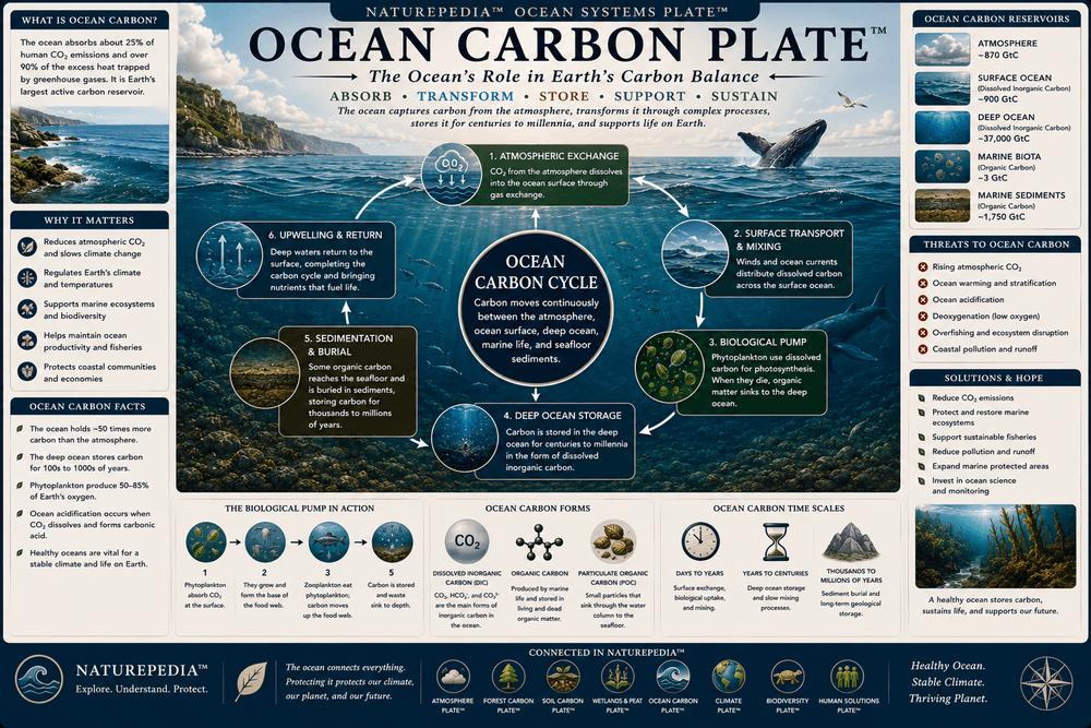 Ocean Carbon Plate showing atmospheric exchange, phytoplankton, marine food webs, and deep ocean carbon storage