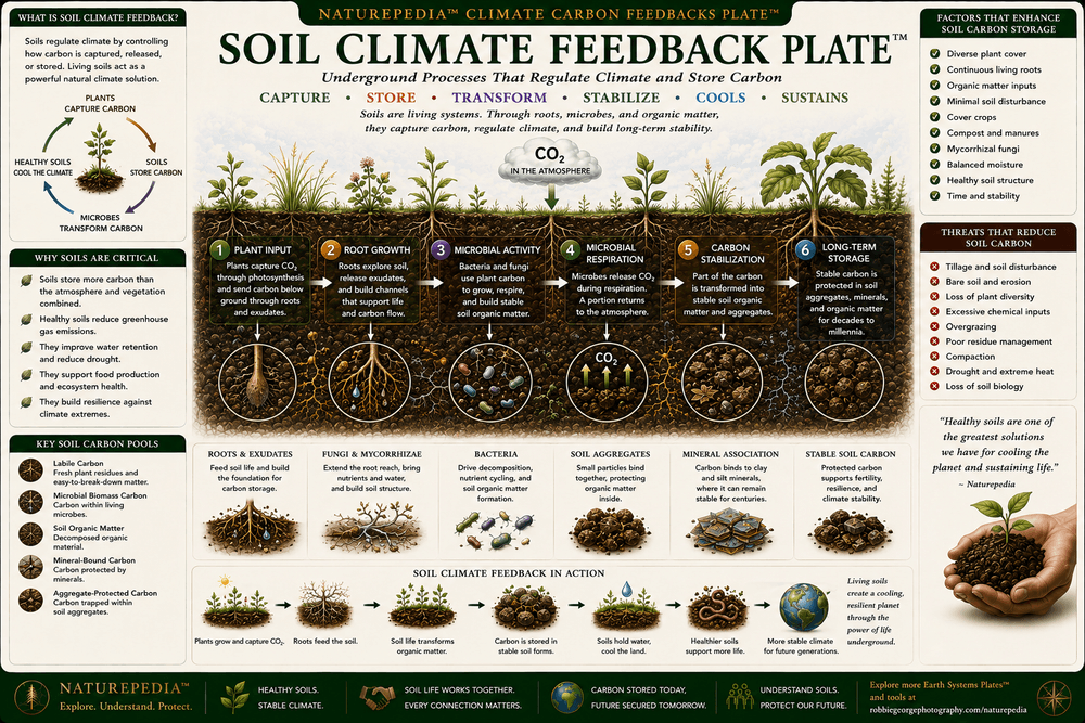 Soil Climate Feedback Plate showing roots, fungi, microbes, soil carbon, microbial respiration, stable organic matter, and atmospheric carbon exchange.