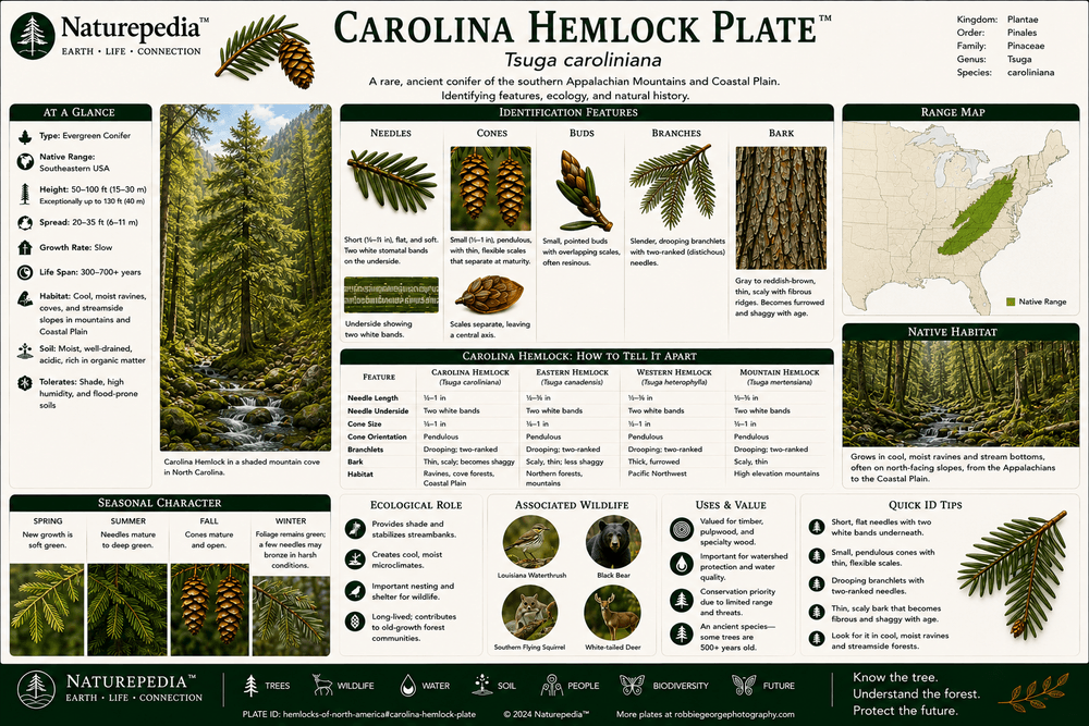 Carolina Hemlock Plate showing Tsuga caroliniana, southern Appalachian cliffs, rocky slopes, rare forest communities, conservation concern, and biodiversity systems by Robbie George