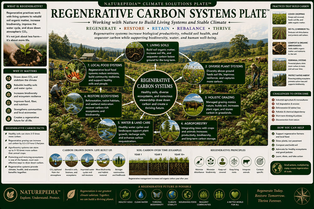 Regenerative Carbon Systems Plate showing cover crops, living roots, compost, no-till systems, soil biology, and carbon storage