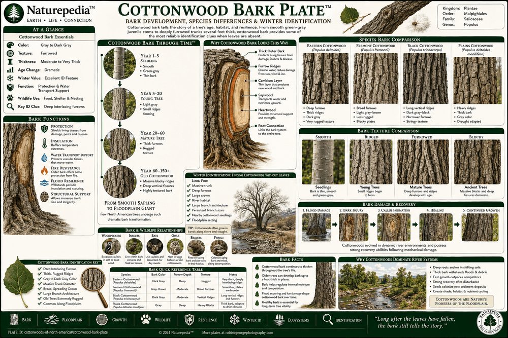 Cottonwood Bark Plate showing young bark, mature bark, deep furrows, trunk texture, cavity habitat, aging patterns, and species differences by Robbie George