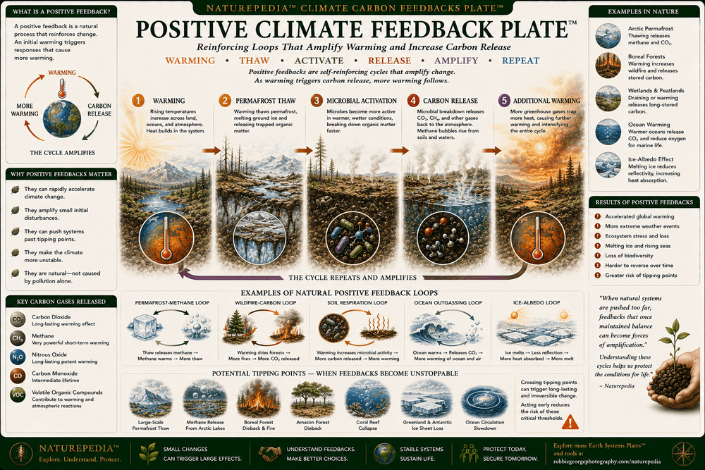 Positive Climate Feedback Plate showing warming, permafrost thaw, microbial activity, carbon release, and reinforcing climate feedback loops.