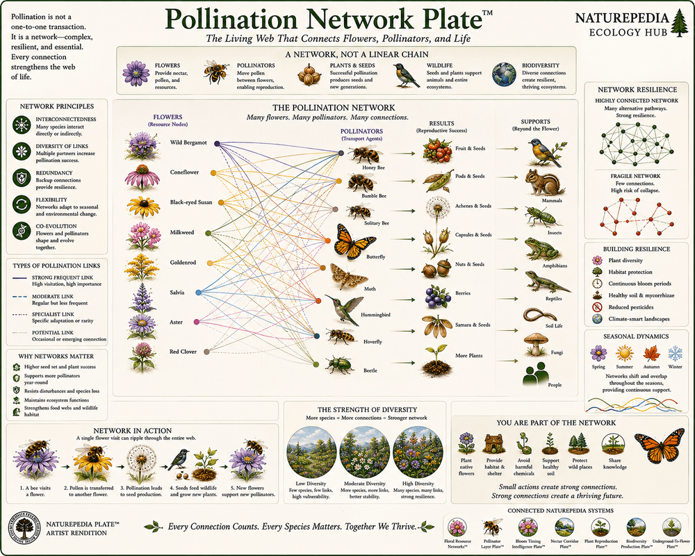 Pollination Network Plate illustrating flowers connected to bees, butterflies, moths, and hummingbirds through shared ecological relationships