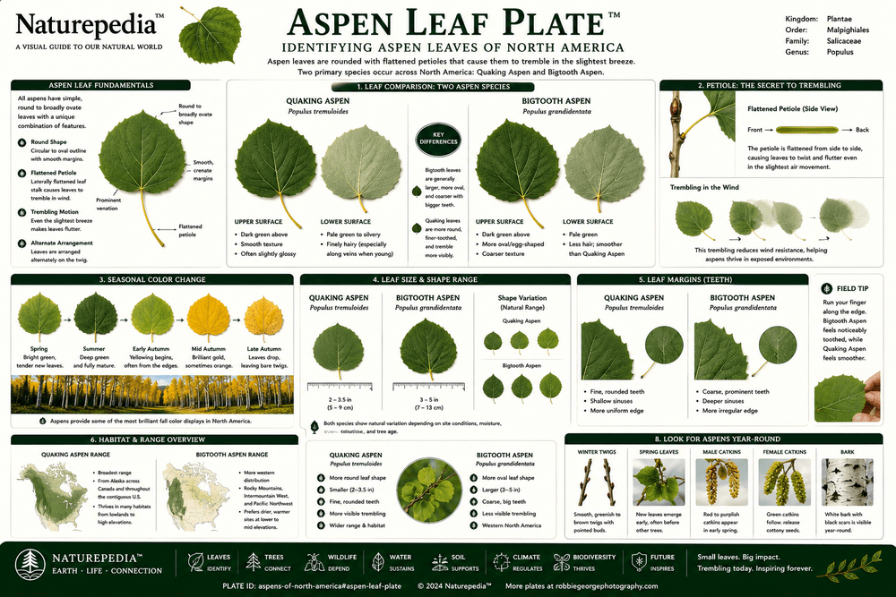 Aspen Leaf Plate showing rounded aspen leaves, flattened petioles, trembling motion, serrated margins, autumn color, and field identification traits by Robbie George