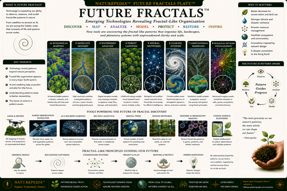 Future Fractals Plate illustrating artificial intelligence, satellite imagery, ecological networks, climate systems, computational modeling, biological networks, and future scientific discovery.