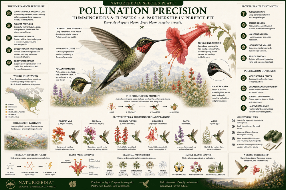 Pollination Precision Plate showing hummingbird nectar feeding, flower specialization, trumpet flowers, hovering pollination, and ecological relationships by Robbie George
