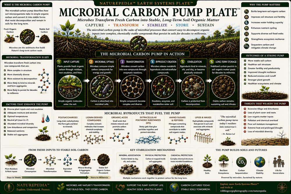 Microbial Carbon Pump Plate showing microbial processing of plant carbon into microbial biomass, microbial necromass, stabilized soil carbon, nutrient cycling, mineral associations, and long-term carbon storage.