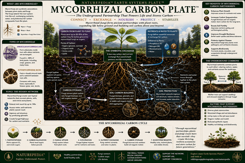 Mycorrhizal Carbon Plate showing fungal hyphae, plant roots, carbon exchange, nutrient transfer, microbial communities, soil carbon stabilization, and underground ecological networks.