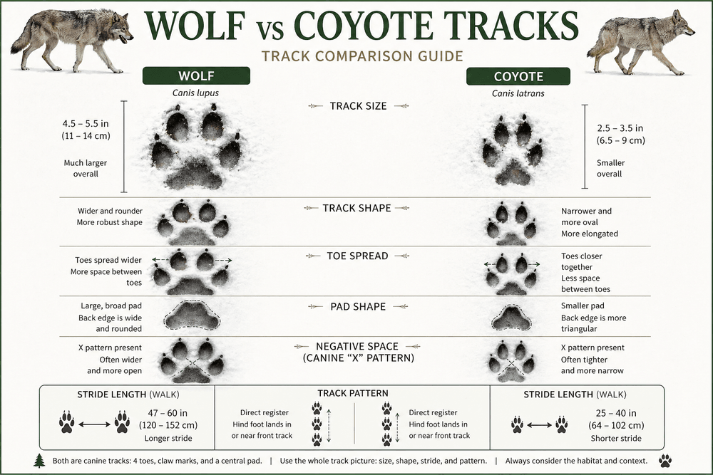 Wolf vs coyote track comparison showing differences in size, stride, toe spread, and track pattern — Naturepedia by Robbie George