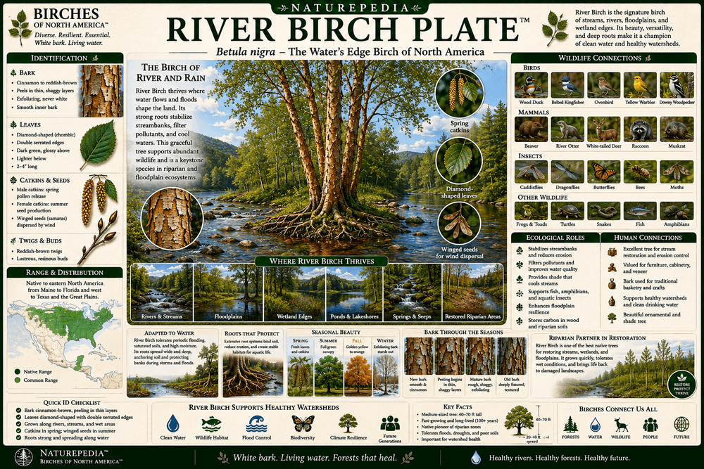 River Birch Plate showing exfoliating bark, riparian habitat, floodplains, streambanks, wetlands, watersheds, and restoration value by Robbie George